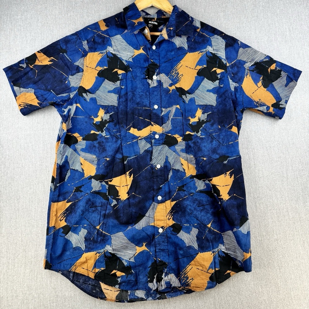 Murano‎ Button Up Shirt Men LT Blue Abstract Short Sleeve Cotton Casual